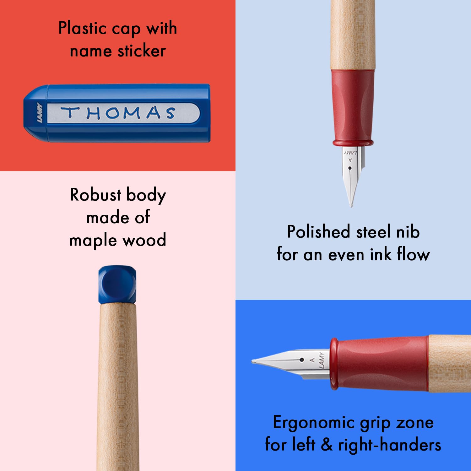 LAMY abc red - child-friendly Fountain Pen for writing beginners with ergonomic grip & polished steel nib in size A - robust maple wood - including LAMY T 10 blue ink cartridge - Right-Handed - Image 3