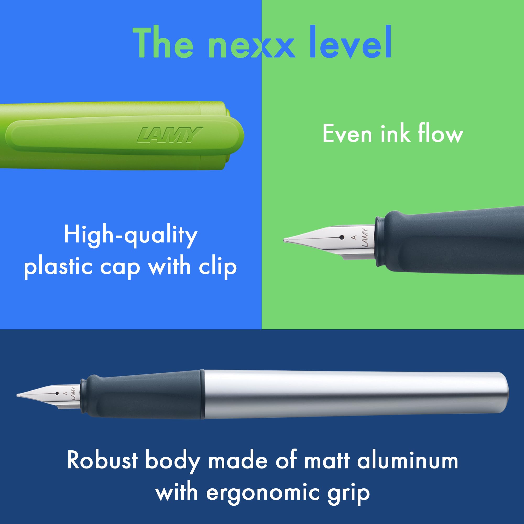 LAMY nexx lime – Fountain Pen with slip-proof grip & polished steel nib in size M - triangular aluminum body - including LAMY T 10 blue cartridge - Right-Handed - Image 4