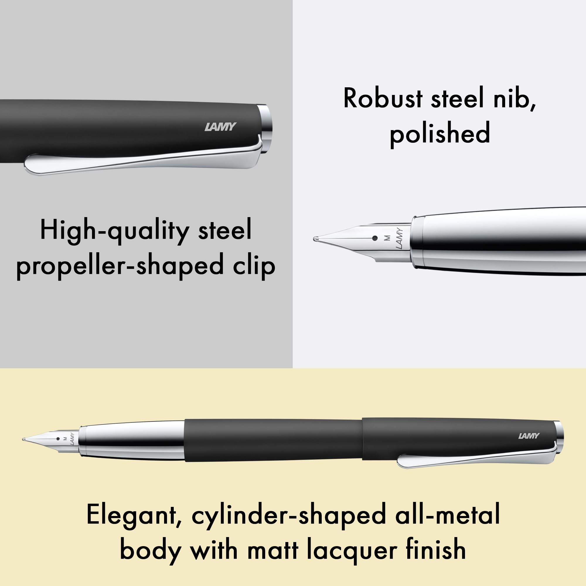 Lamy studio black - Fountain Pen in elegant metal body - steel nib, partially platinum-plated & in nib size M - incl T 10 blue ink cartridge - Image 3