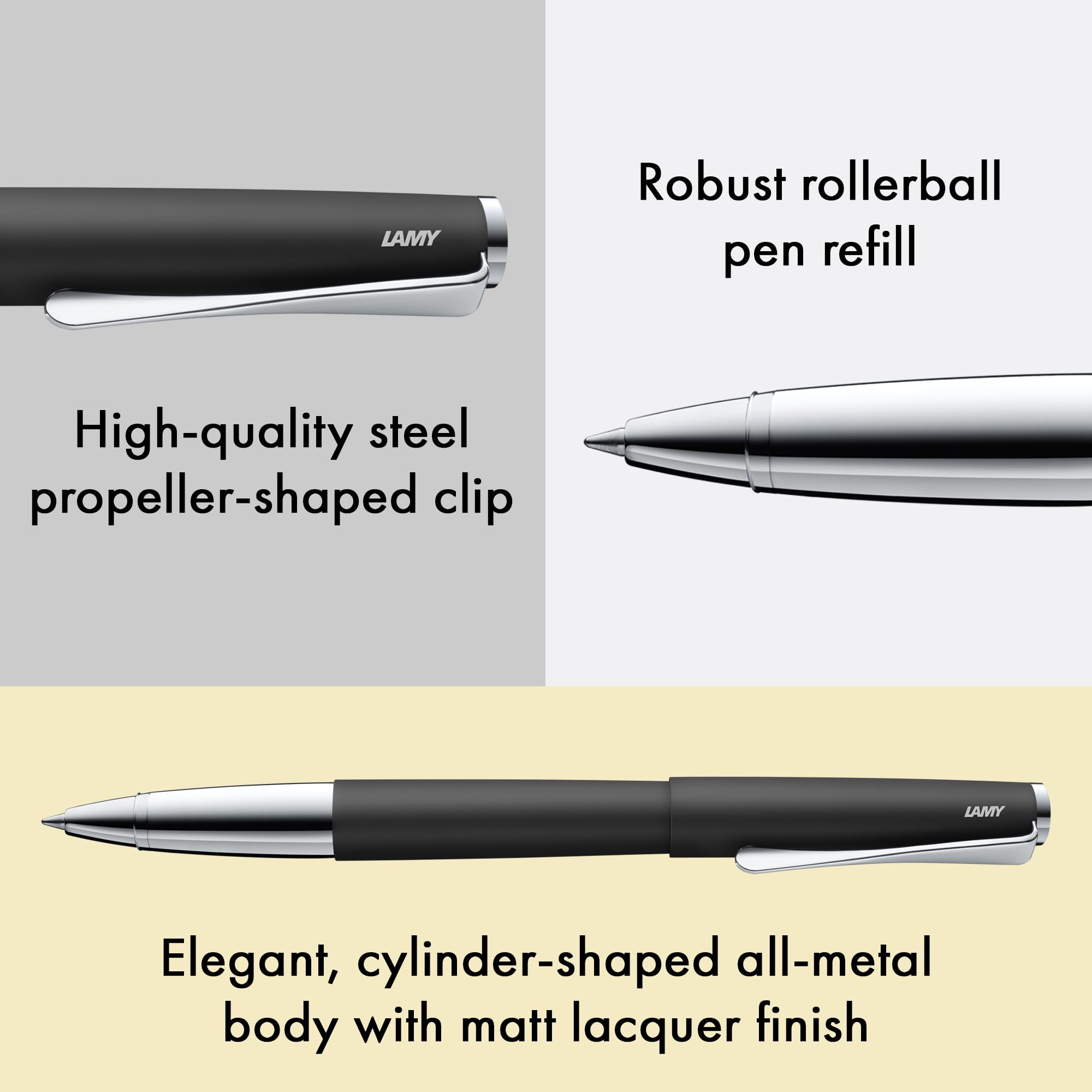 Lamy studio black - rollerball pen in elegant metal barrel - with propeller-shaped clip & in line width M M 63 rollerball refill in black - Image 3
