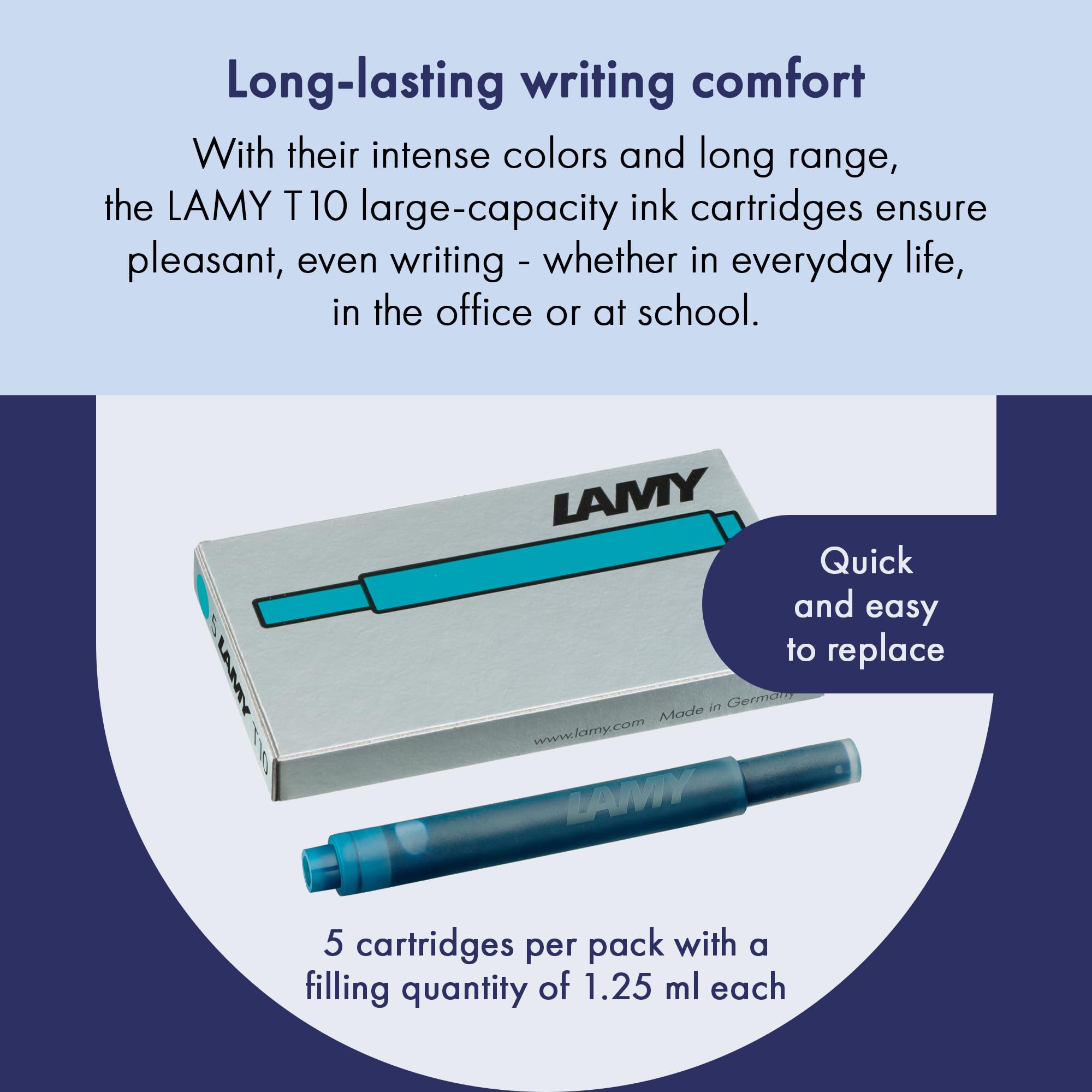 LAMY T10 Ink cartridges with Large Ink Capacity - Suitable for All Lamy Fountain Pen Models - Contents 1.25 ml per Cartridge - 5 Pieces per Pack - Ink Color Turquoise - Image 3
